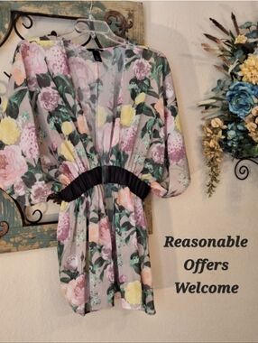 H&M Floral Sheer Swim Coverup in Black, Pink, Yellow & Green. Size Medium